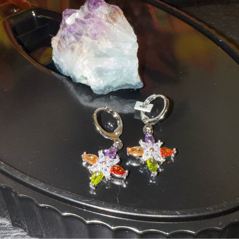 Colorful White Gold Plated Crystal Flower Mini Hoops Dangle Earrings